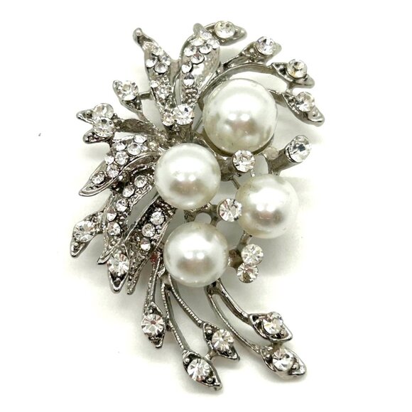 Faux Pearl & Rhinestone Brooch Silver-tone Floral Pin Glam Elegant - Picture 2 of 15